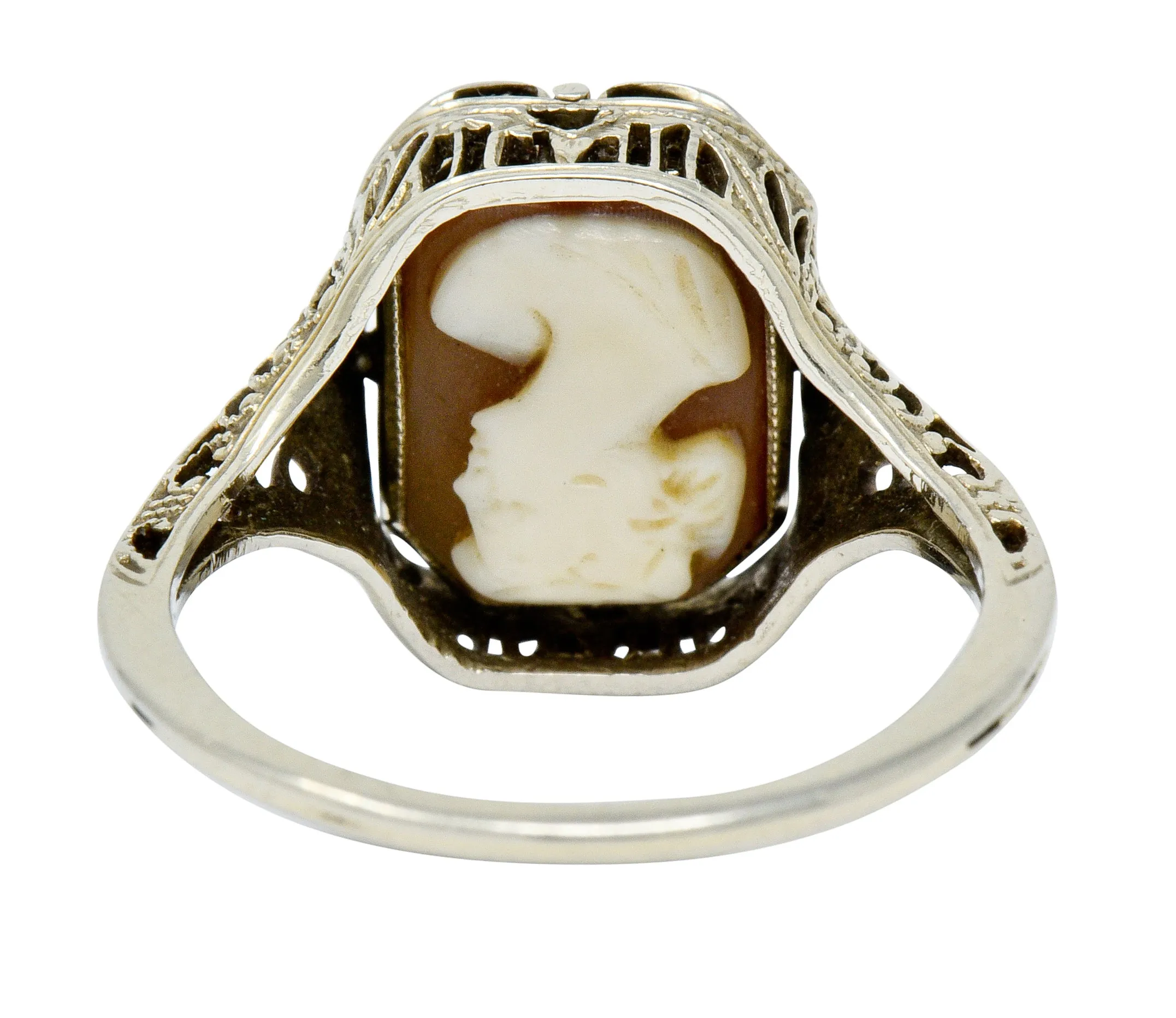 1929 Art Deco Onyx Shell Cameo 14 Karat White Gold Date Flip Ring