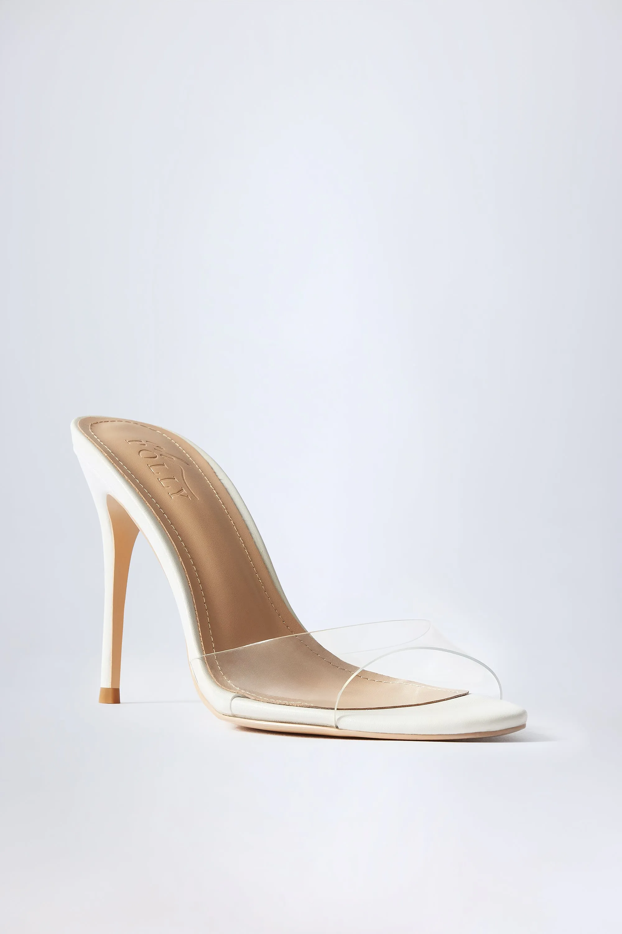 Almond-Toe Heeled Mules in Transparent PVC