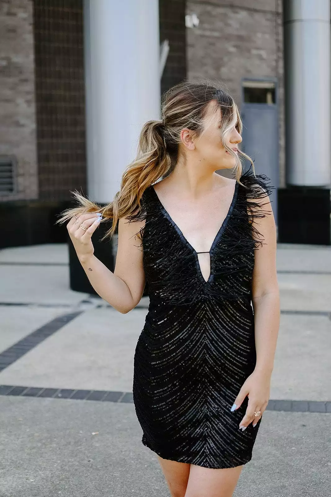 Black Sequin Feather Cocktail Dress