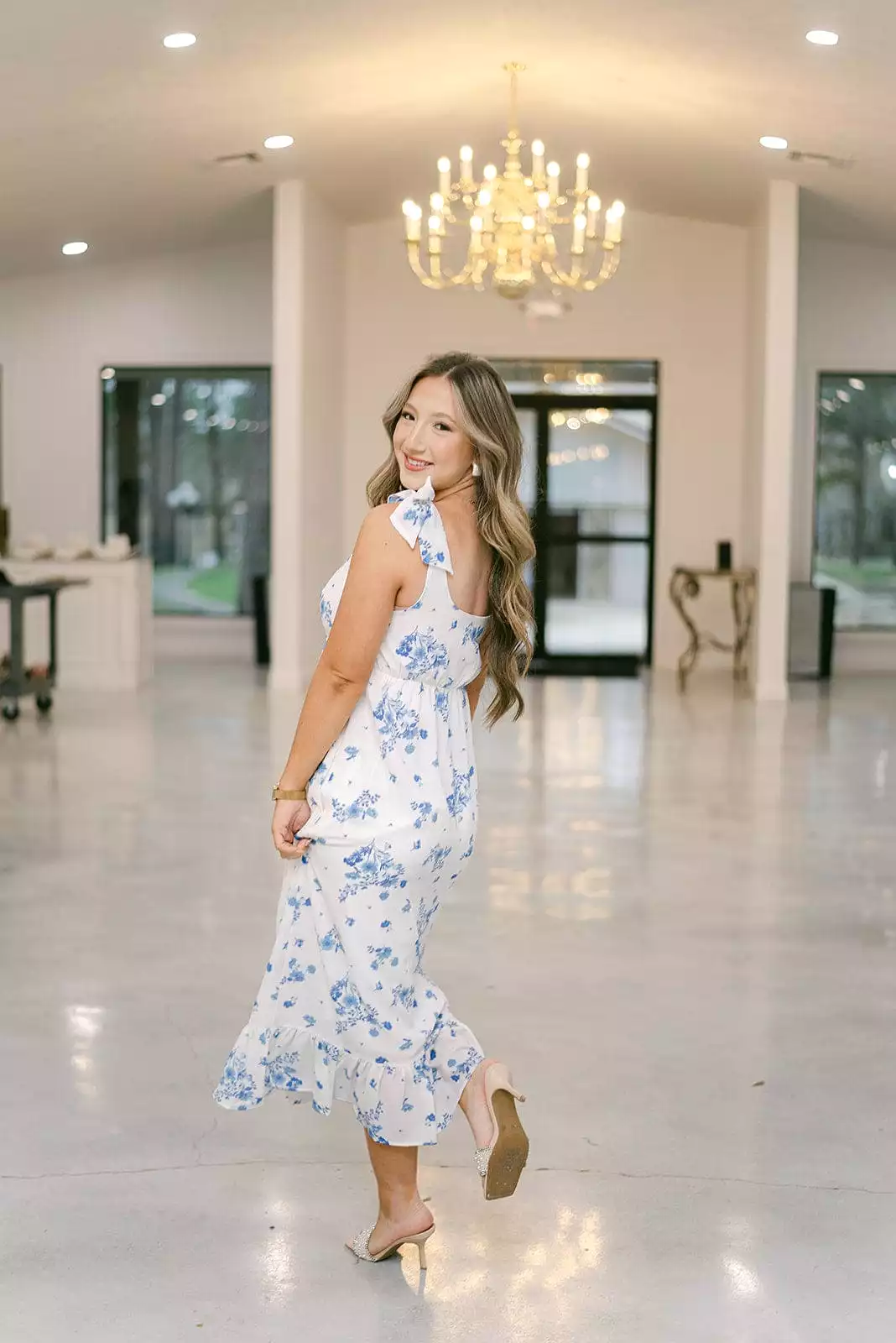 Blue & White Floral Shoulder Tie Midi Dress