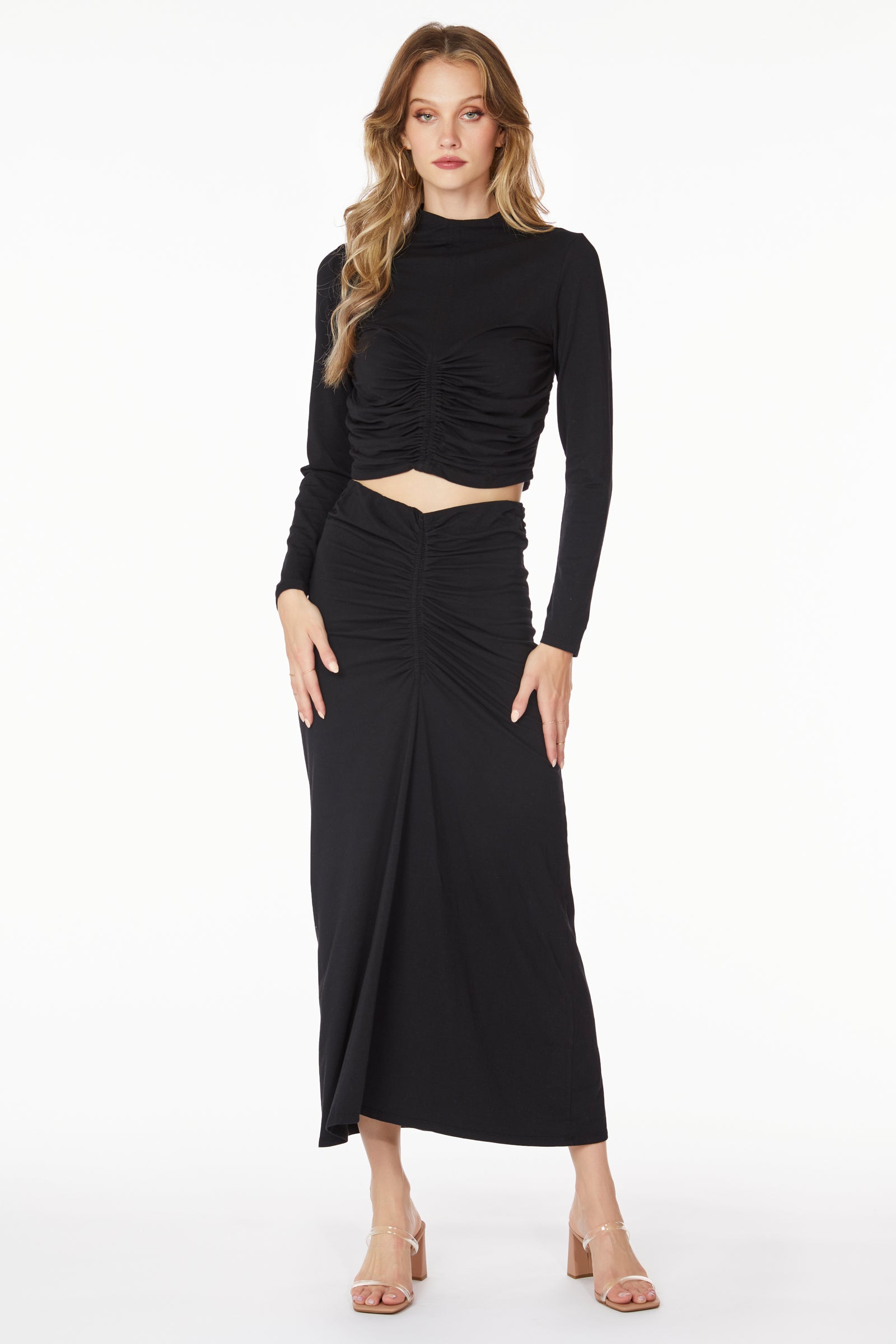 CENTER FRONT SHIRRED MAXI SKIRT