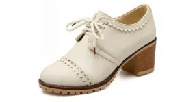 Cream White Vintage Lace Up High Heels Women Oxfords Shoes