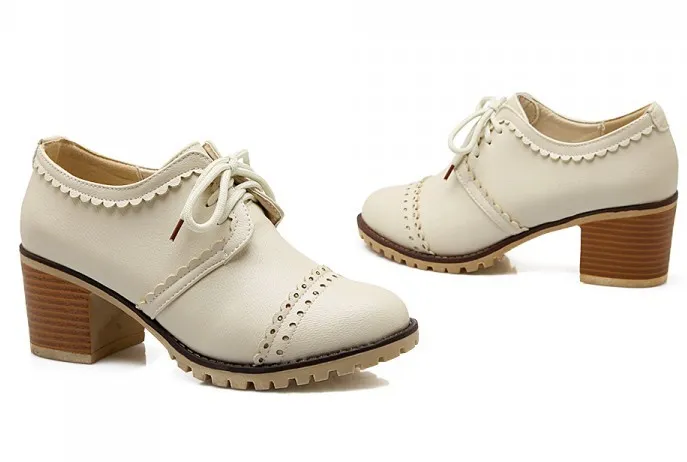 Cream White Vintage Lace Up High Heels Women Oxfords Shoes