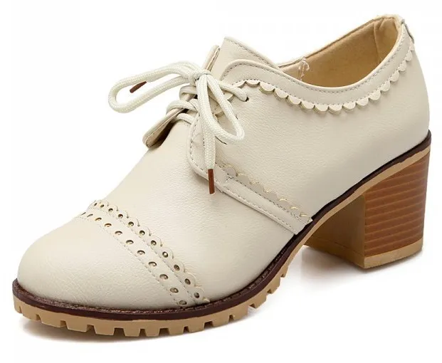 Cream White Vintage Lace Up High Heels Women Oxfords Shoes