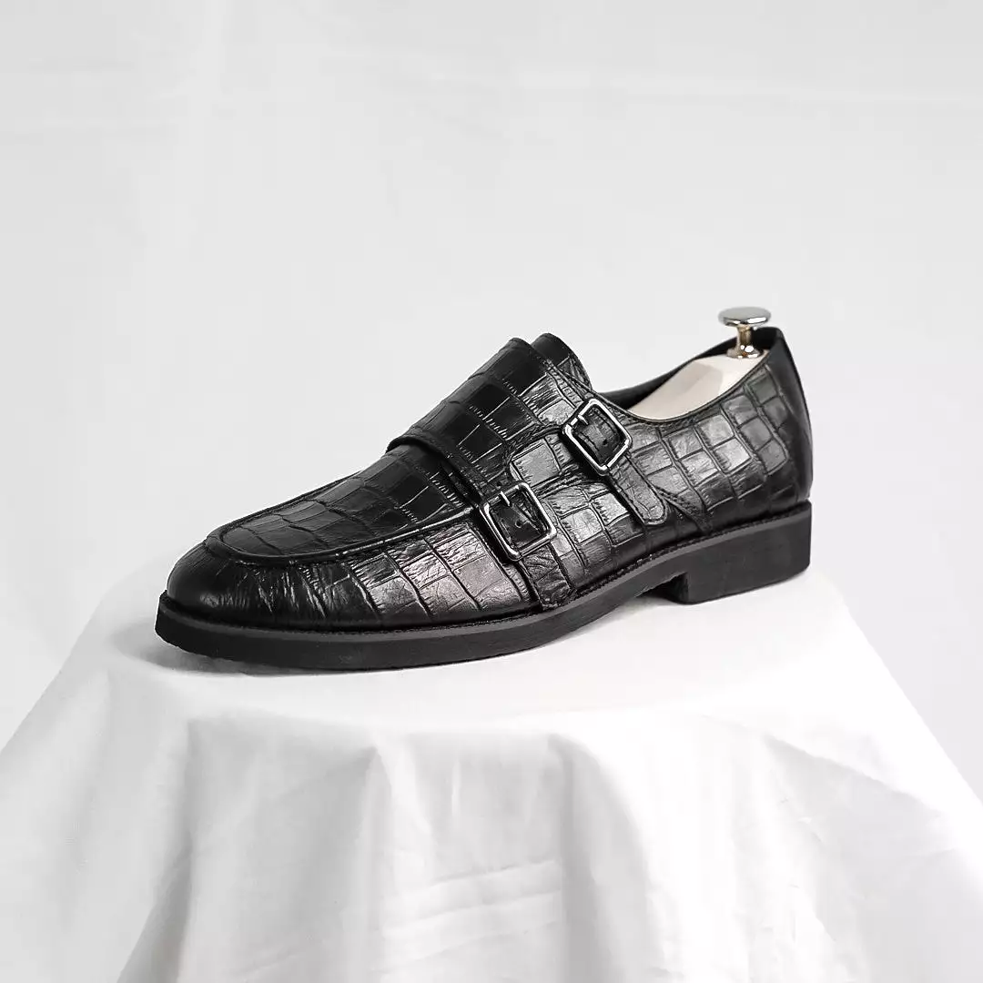 Double Monk Strap - Black Croco Leather (Crepe Sole)