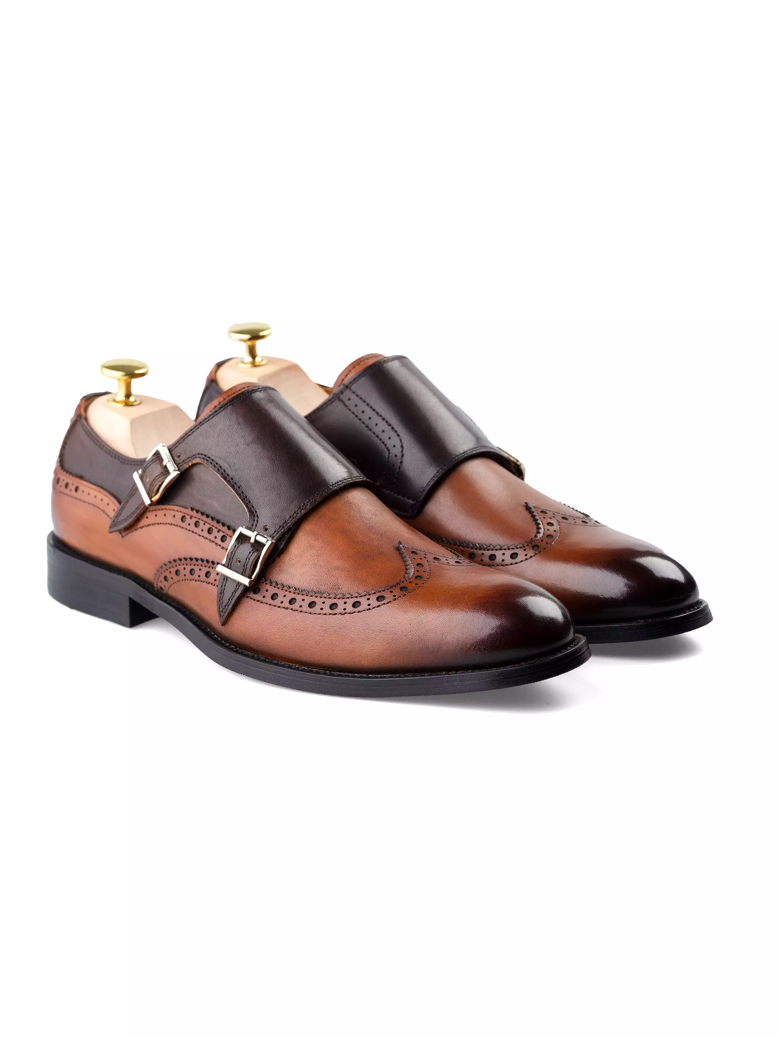 Double Monk Strap Brogue Wingtip - Duo-Tone Cognac Tan (Hand Painted Patina)