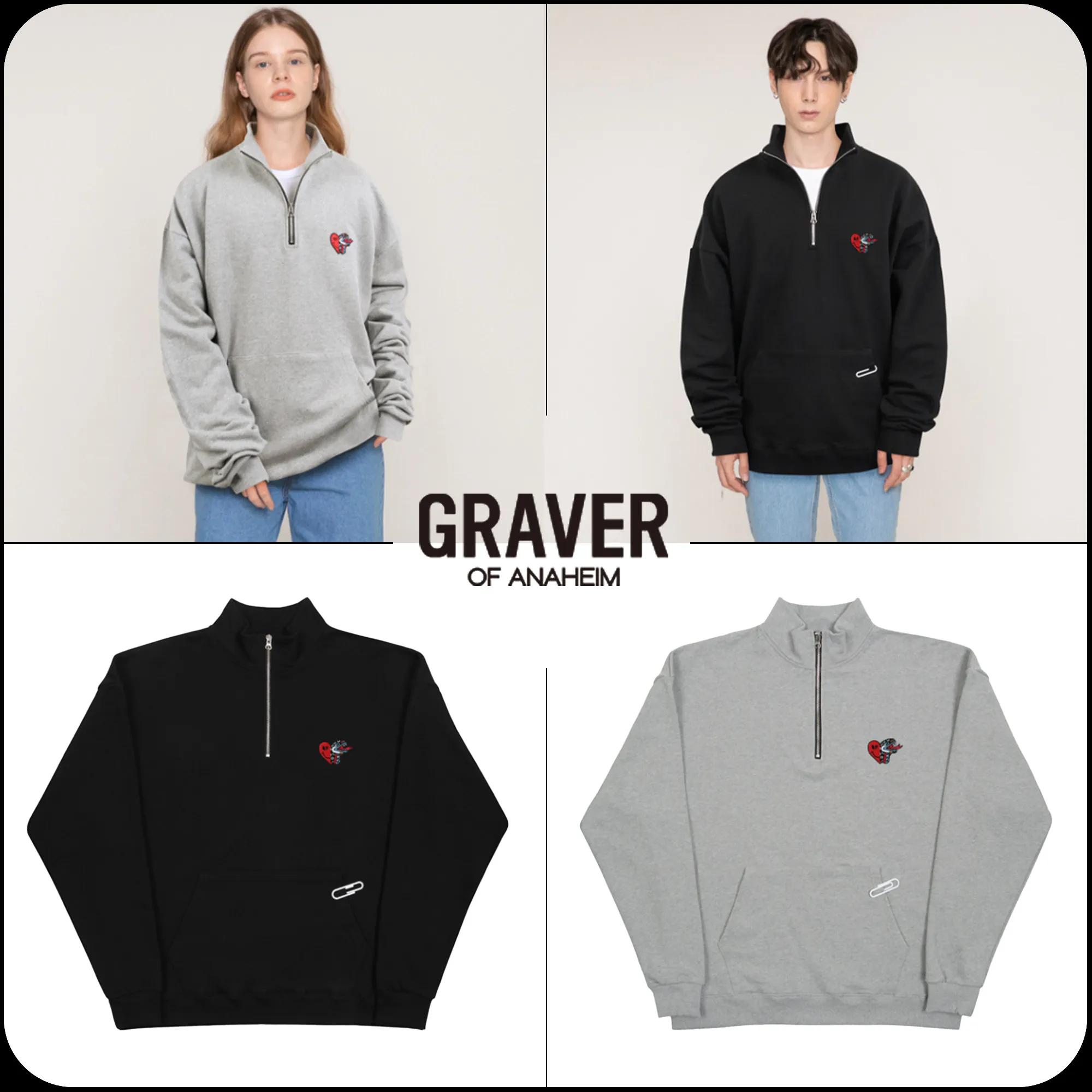 GRAVER  |[GRAVER]★HEART SNAKE EMBROIDERY HALF ZIP-UP SWEATSHIRT