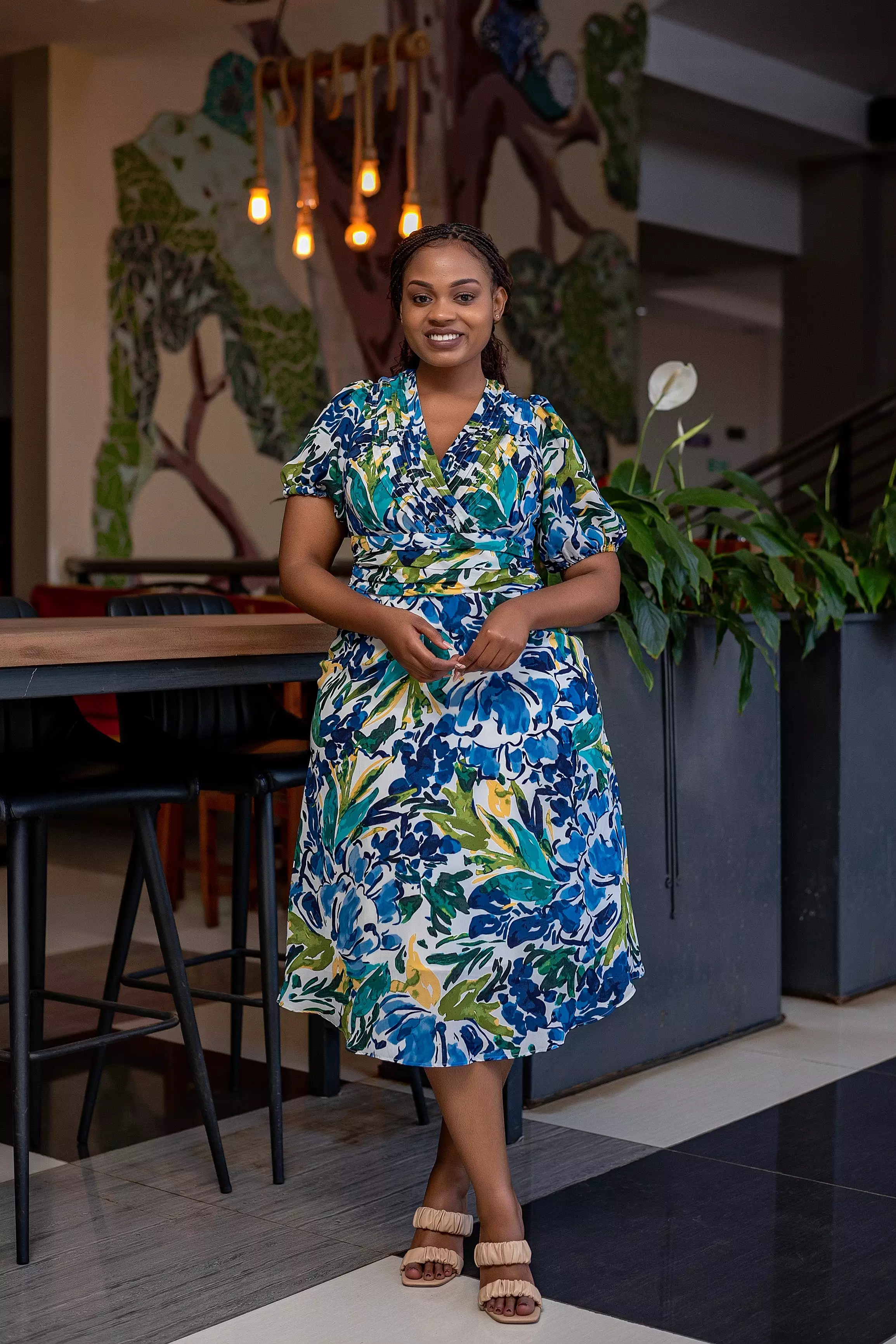 Green floral vneck chiffon Aline dress