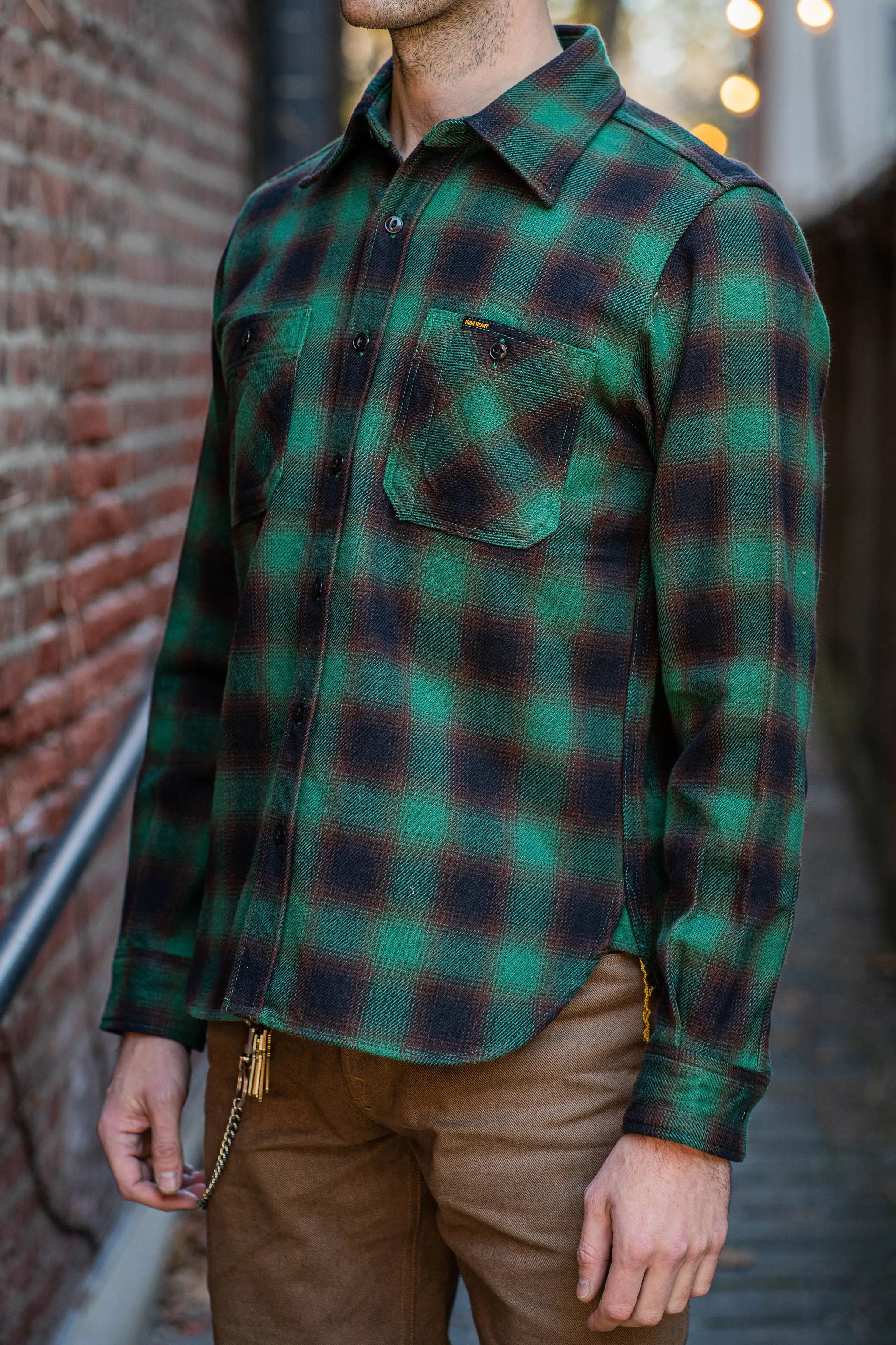 Iron Heart IHSH-379-GRN - Ultra Heavy Flannel Ombré Check Work Shirt - Green