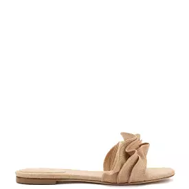 Ivy Ruffle Flat Mule In Beige Raffia