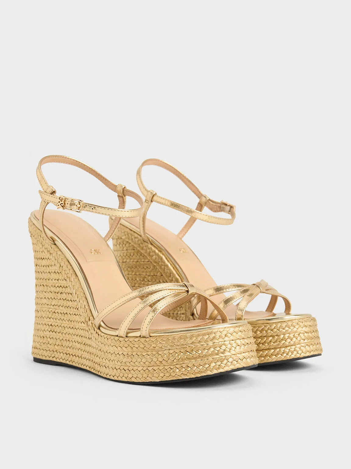 Leather Metallic Strappy Espadrille Wedges - Gold