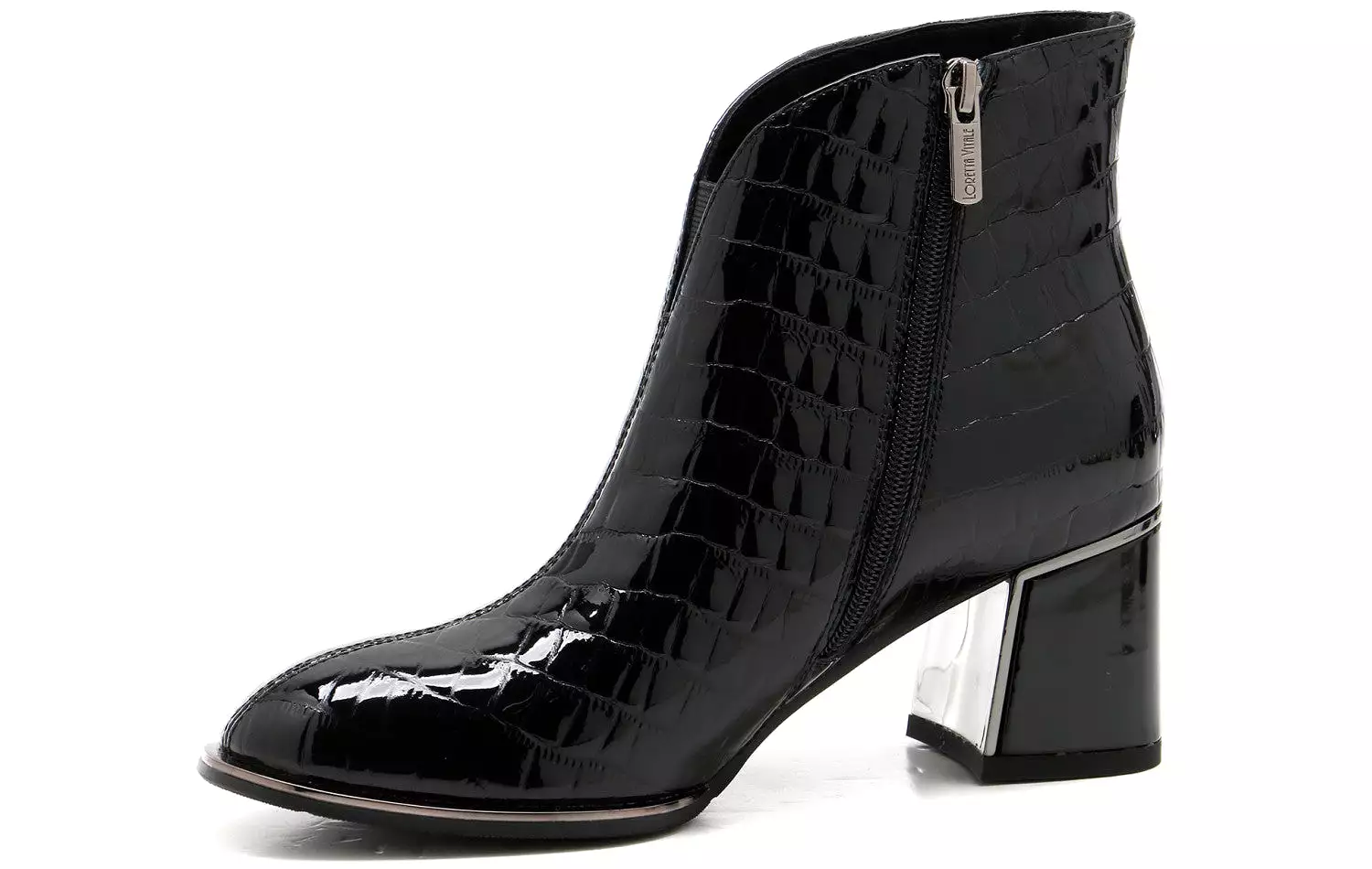 LORETTA VITALE Croc Print Patent Leather Ankle Boot Black