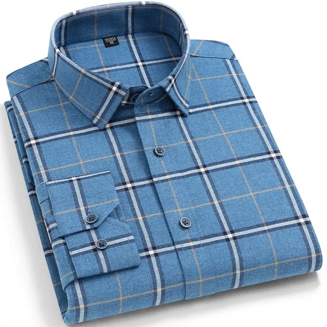 Men's Casual Comfortable Brushed Plaid Heavy Cotton Long-sleeve Shirt