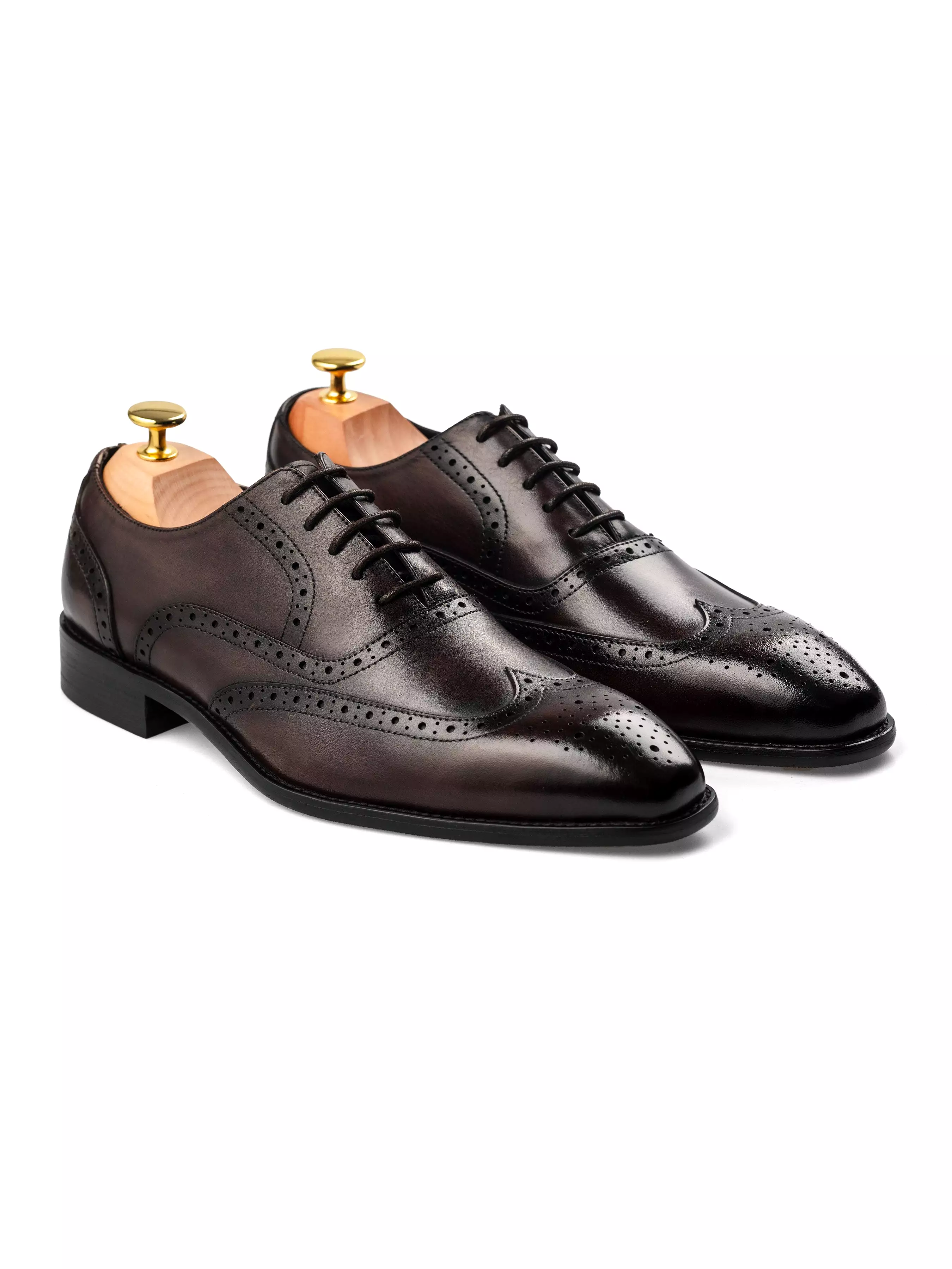 Oxford Brogue Wingtip - Dark Brown Patina Lace Up (Chisel Toe)