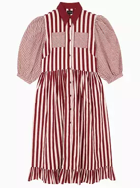 Red Stripe Puff Sleeve Pocket Shirt Dress