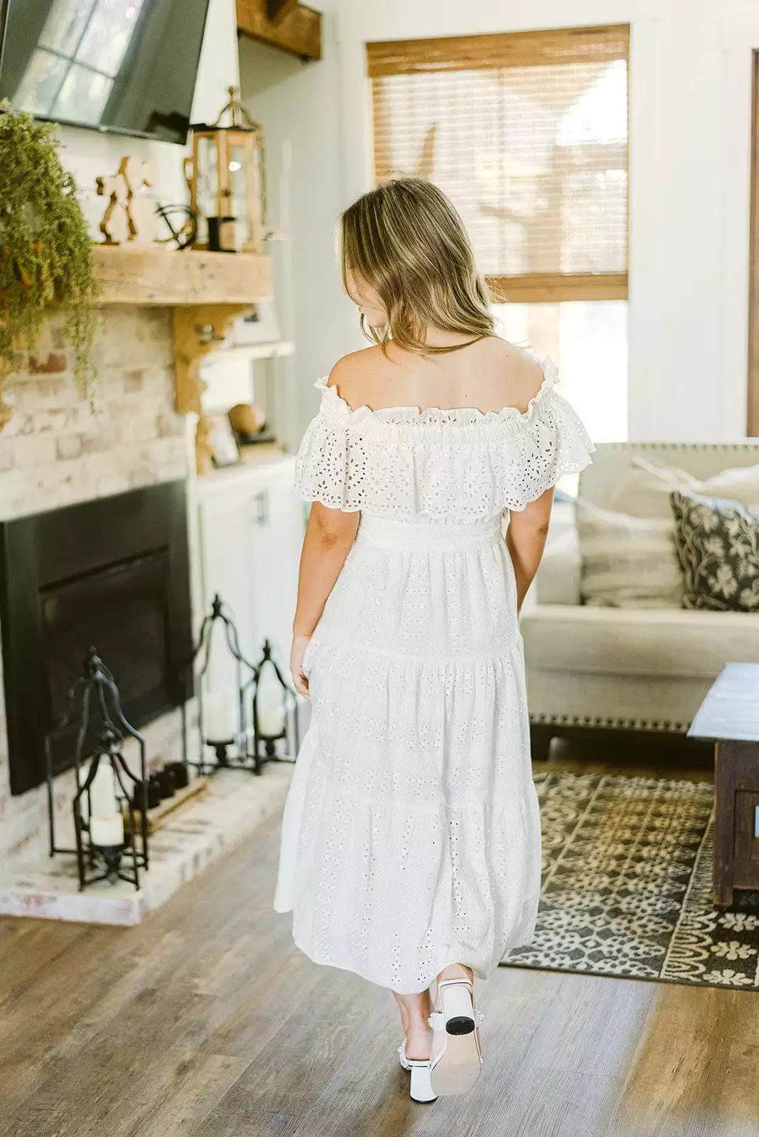 White Eyelet Lace Belted Maxi Dress