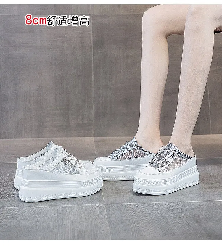 Women's 8cm Air Mesh Genuine Leather Slip-On High Heels Platform Shoes